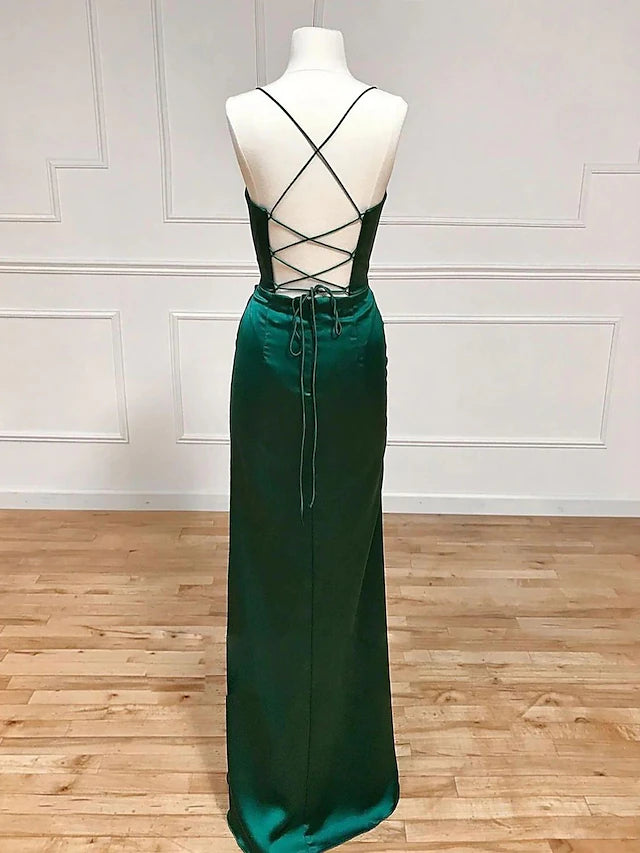 Etuikleid/Säulenkleid Abendkleid Empirekleid Formal Bodenlang Ärmellos V-Ausschnitt Charmeuse Rückenfrei mit Falten Schlitz